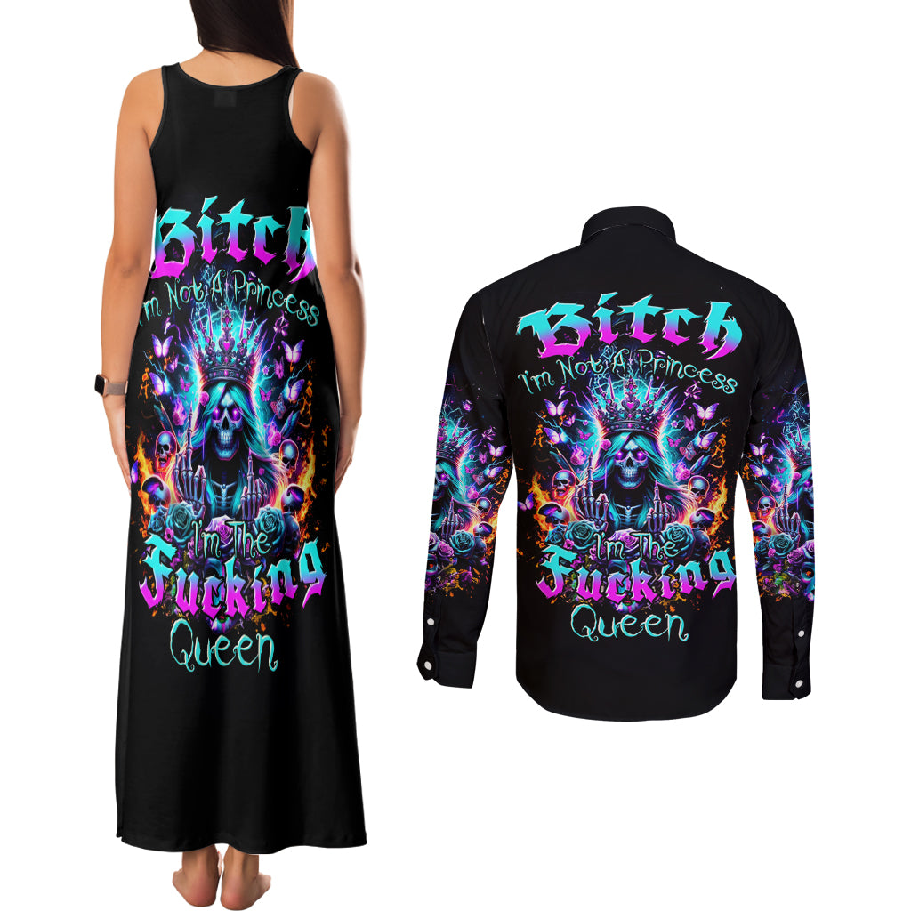 Queen Skull Couples Matching Tank Maxi Dress and Long Sleeve Button Shirt Bitch I'm Not A Princess I'm The Fucking Queen - Wonder Print Shop