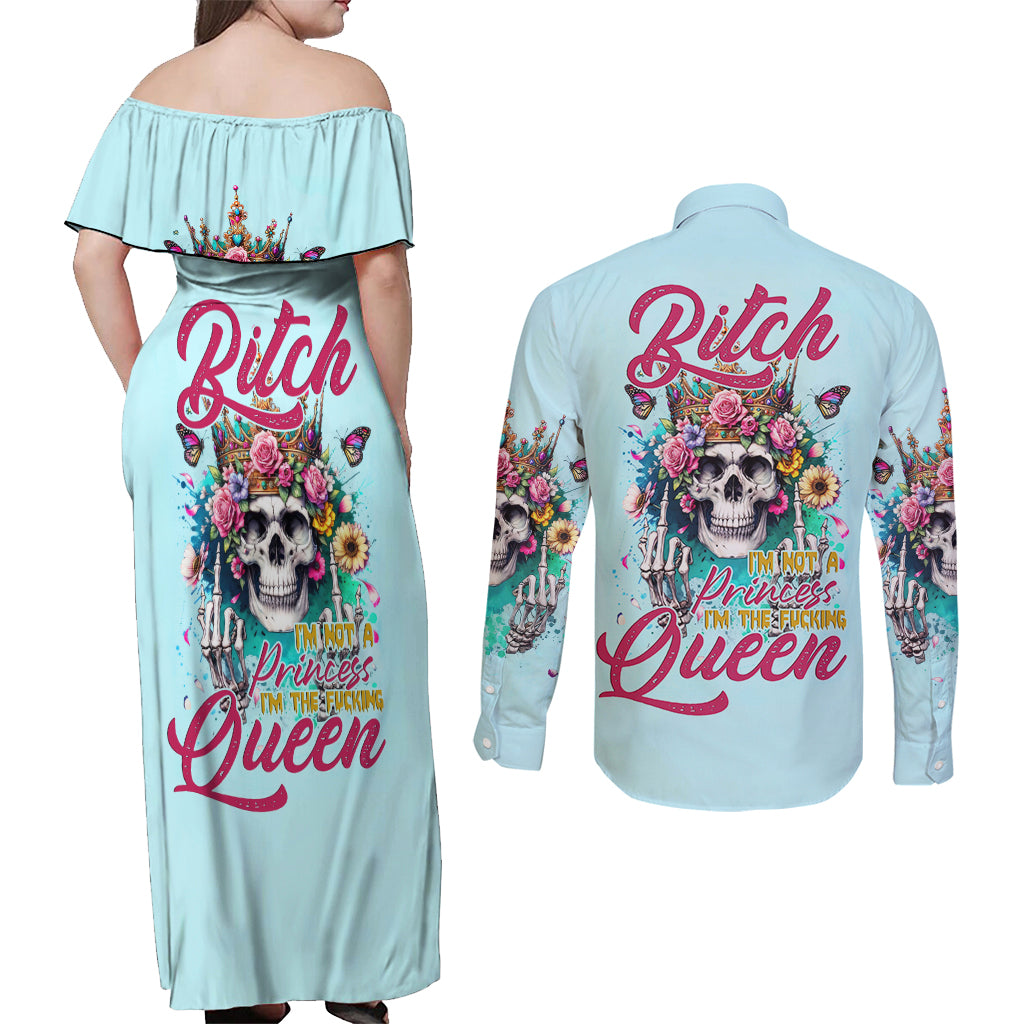 Skull Fairy Couples Matching Off Shoulder Maxi Dress and Long Sleeve Button Shirt Bitch I'm Not A Princess I'm The Fucking Queen - Wonder Print Shop