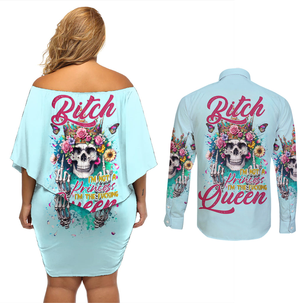 Skull Fairy Couples Matching Off Shoulder Short Dress and Long Sleeve Button Shirt Bitch I'm Not A Princess I'm The Fucking Queen - Wonder Print Shop