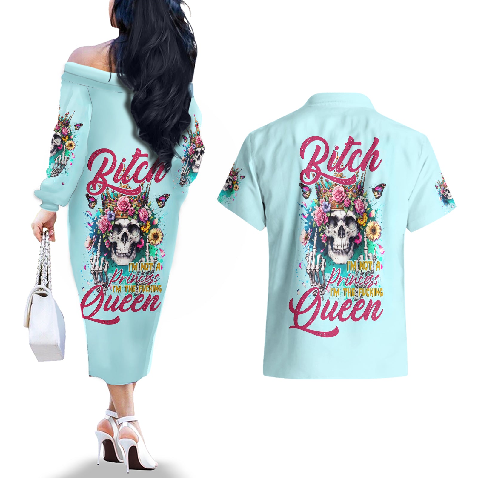 Skull Fairy Couples Matching Off The Shoulder Long Sleeve Dress and Hawaiian Shirt Bitch I'm Not A Princess I'm The Fucking Queen - Wonder Print Shop