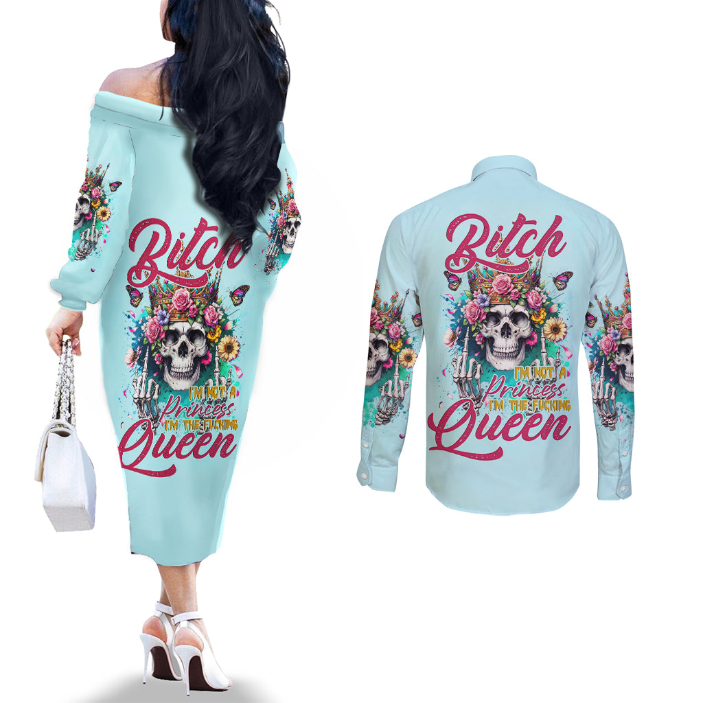 Skull Fairy Couples Matching Off The Shoulder Long Sleeve Dress and Long Sleeve Button Shirt Bitch I'm Not A Princess I'm The Fucking Queen