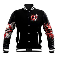 Black baseball jacket, front button-up with red skull-and-rose emblem, striped ribbed trim