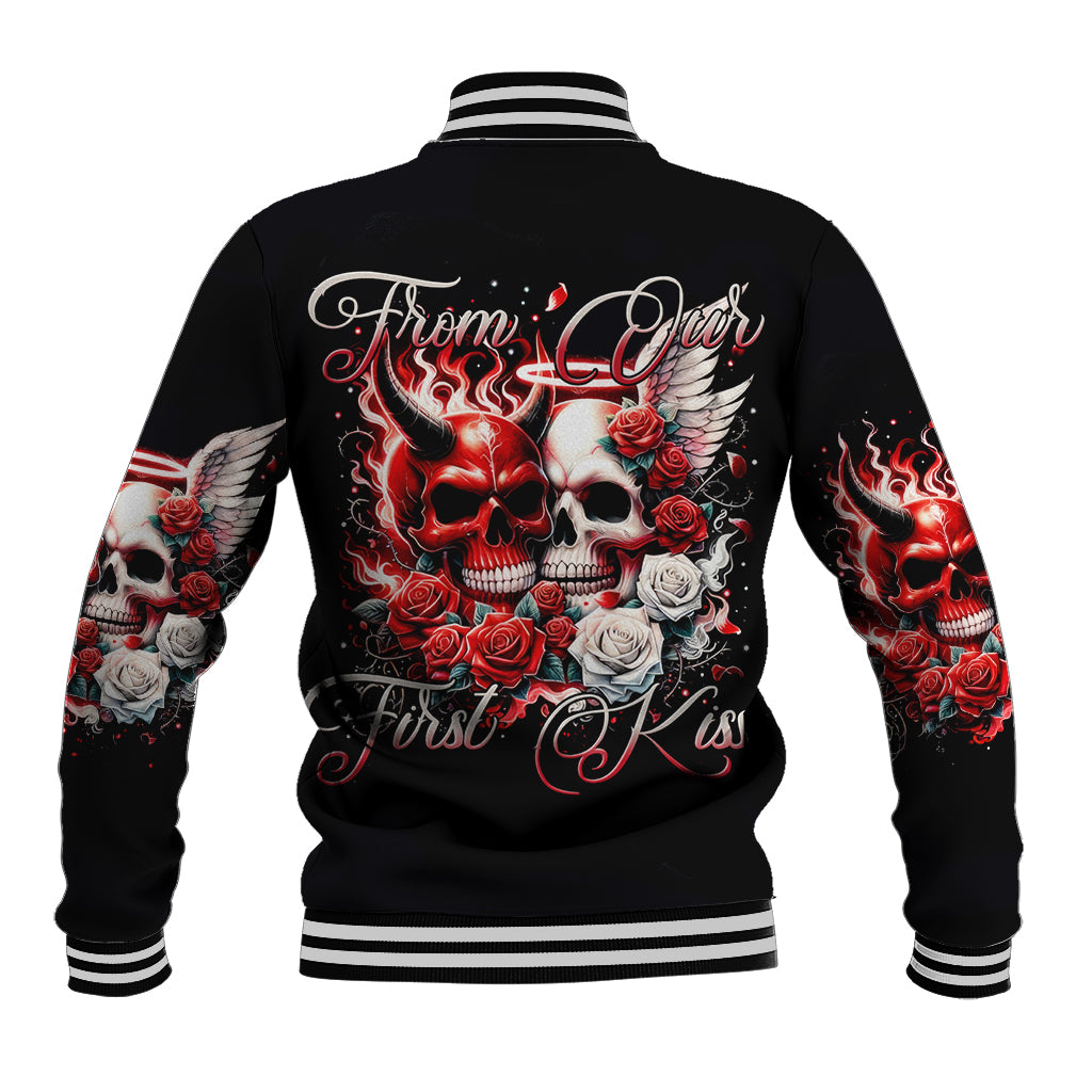 Black baseball jacket, back design with skull, roses, flames, striped ribbed collar