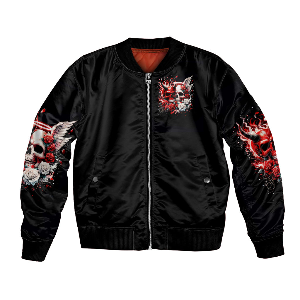 Unisex black bomber jacket with ribbed cuffs and front skull with roses and flame graphic