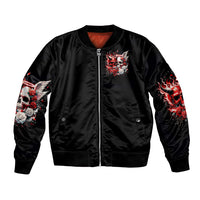 Unisex black bomber jacket with ribbed cuffs and front skull with roses and flame graphic