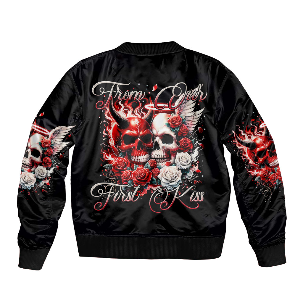 Unisex black bomber jacket with ribbed trim and back skull, roses, and flame graphic