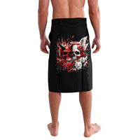 Black skull and rose graphic sarong with flaming red design, knee-length