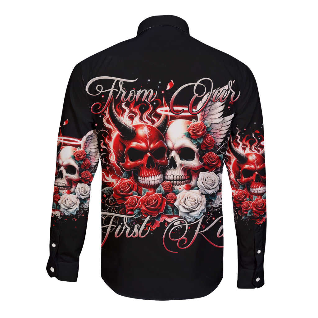 Unisex black long-sleeve button shirt with flaming skull and roses graphic, back view