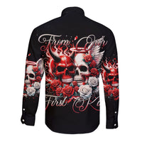 Unisex black long-sleeve button shirt with flaming skull and roses graphic, back view