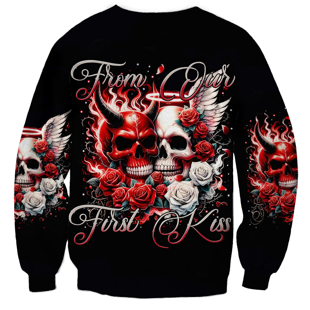 Black unisex sweatshirt with front couple skulls, red flames, roses, and decorative script