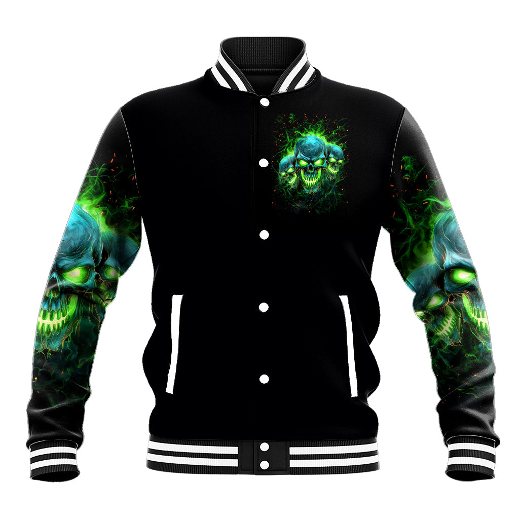 Black varsity baseball jacket with green skull chest graphic, snap-button front, striped rib cuffs