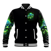 Black varsity baseball jacket with green skull chest graphic, snap-button front, striped rib cuffs