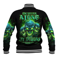 Black baseball jacket with green flame skull graphic on back and striped ribbed collar
