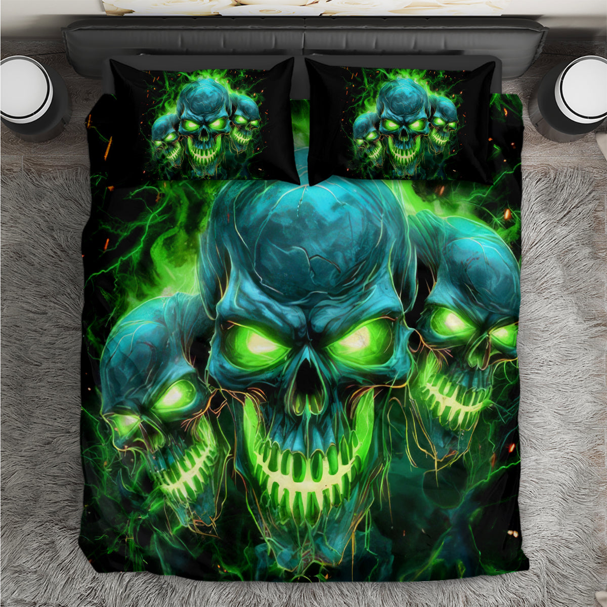 Black skull bedding set with neon green-blue flame graphics; two pillowcases shown