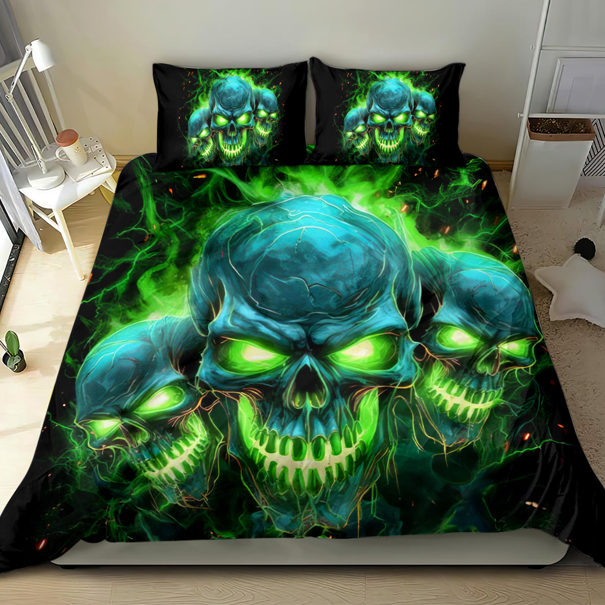 Black flame skull bedding set with neon green-blue face artwork; two matching pillowcases