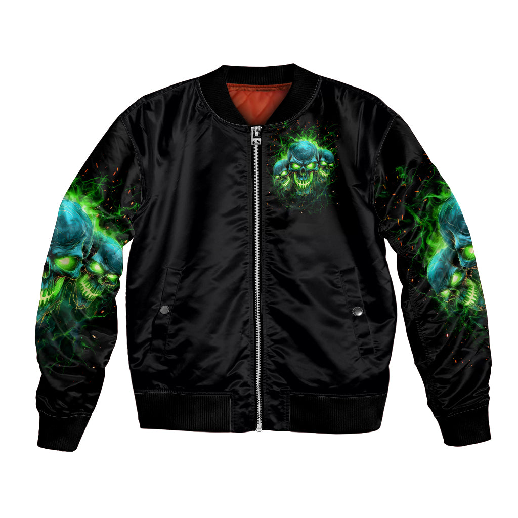 Unisex black bomber jacket, front zipper, green flame skull patch on chest
