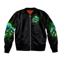 Unisex black bomber jacket, front zipper, green flame skull patch on chest
