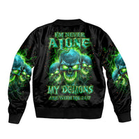 Unisex black bomber jacket with green flame skull graphic on back and ribbed cuffs