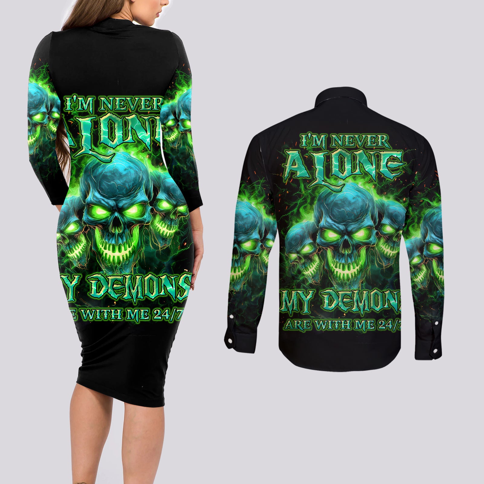 Flame Skull Couples Matching Long Sleeve Bodycon Dress and Long Sleeve Button Shirt I'm Never Alone My Demons Are Wit Me 24/7 - Wonder Print Shop