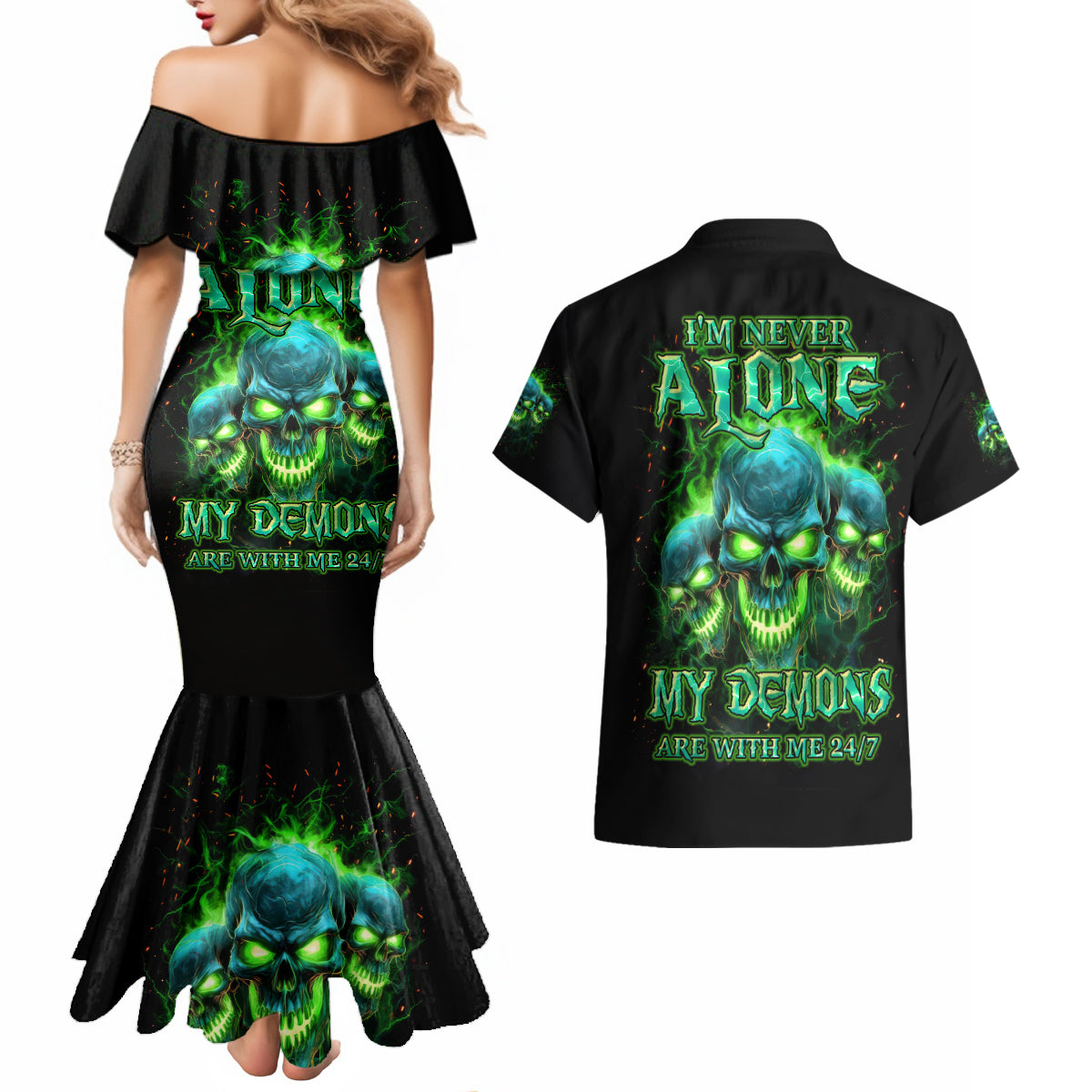 Flame Skull Couples Matching Mermaid Dress and Hawaiian Shirt I'm Never Alone My Demons Are Wit Me 24/7 - Wonder Print Shop