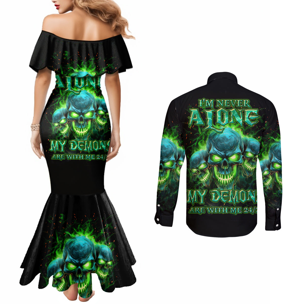 Flame Skull Couples Matching Mermaid Dress and Long Sleeve Button Shirt I'm Never Alone My Demons Are Wit Me 24/7