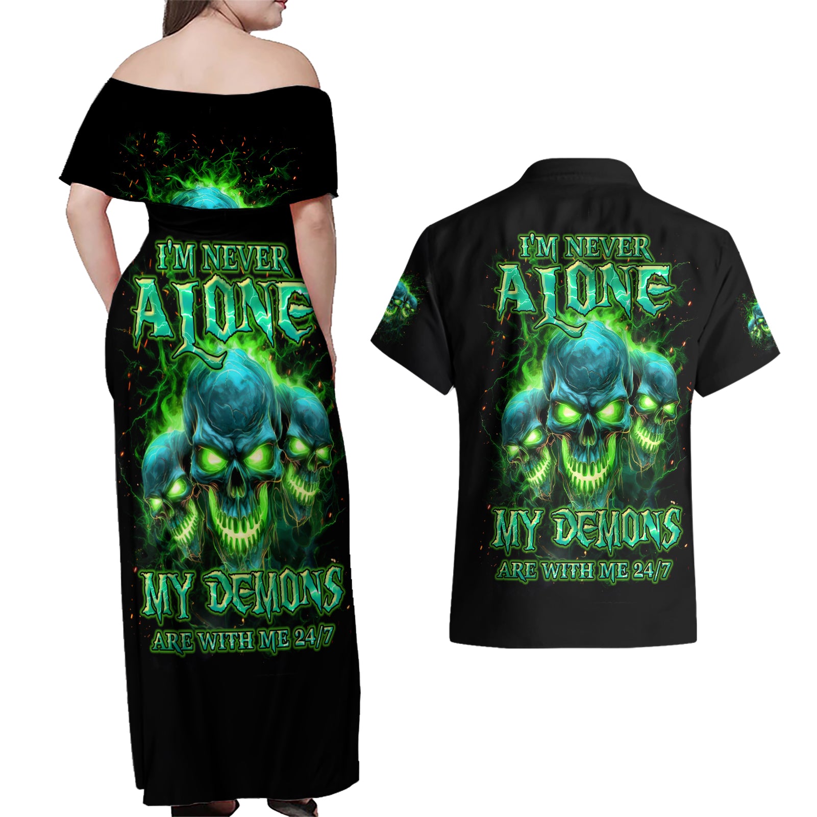 Flame Skull Couples Matching Off Shoulder Maxi Dress and Hawaiian Shirt I'm Never Alone My Demons Are Wit Me 24/7 - Wonder Print Shop