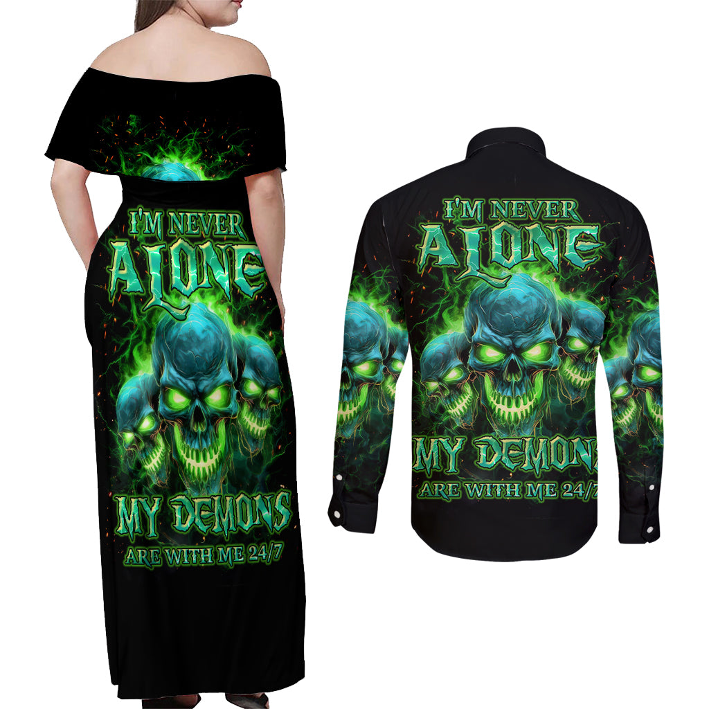 Flame Skull Couples Matching Off Shoulder Maxi Dress and Long Sleeve Button Shirt I'm Never Alone My Demons Are Wit Me 24/7 - Wonder Print Shop