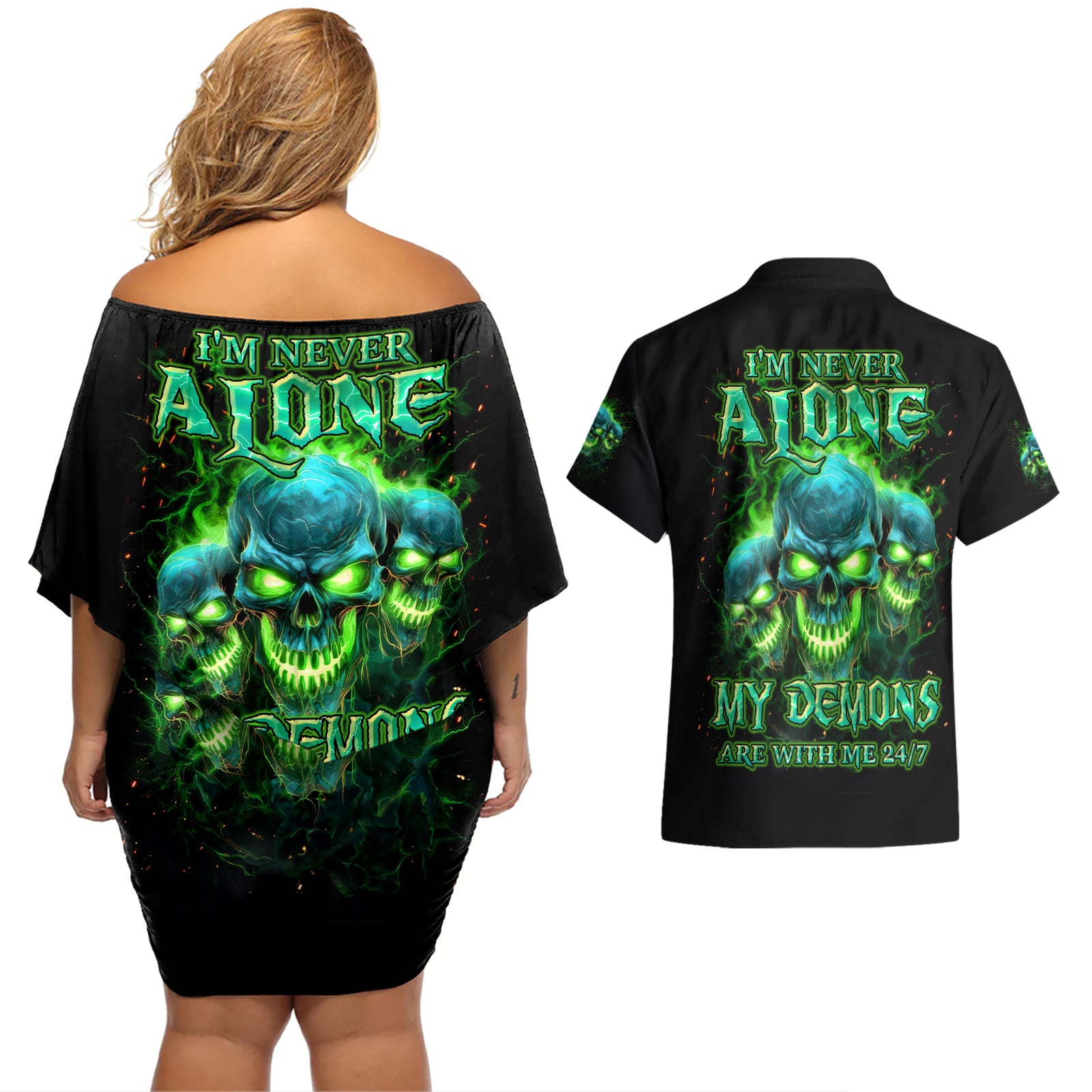 Flame Skull Couples Matching Off Shoulder Short Dress and Hawaiian Shirt I'm Never Alone My Demons Are Wit Me 24/7 - Wonder Print Shop