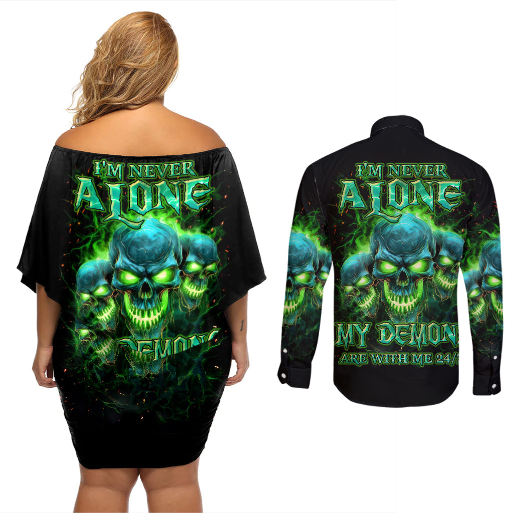 Flame Skull Couples Matching Off Shoulder Short Dress and Long Sleeve Button Shirt I'm Never Alone My Demons Are Wit Me 24/7 - Wonder Print Shop