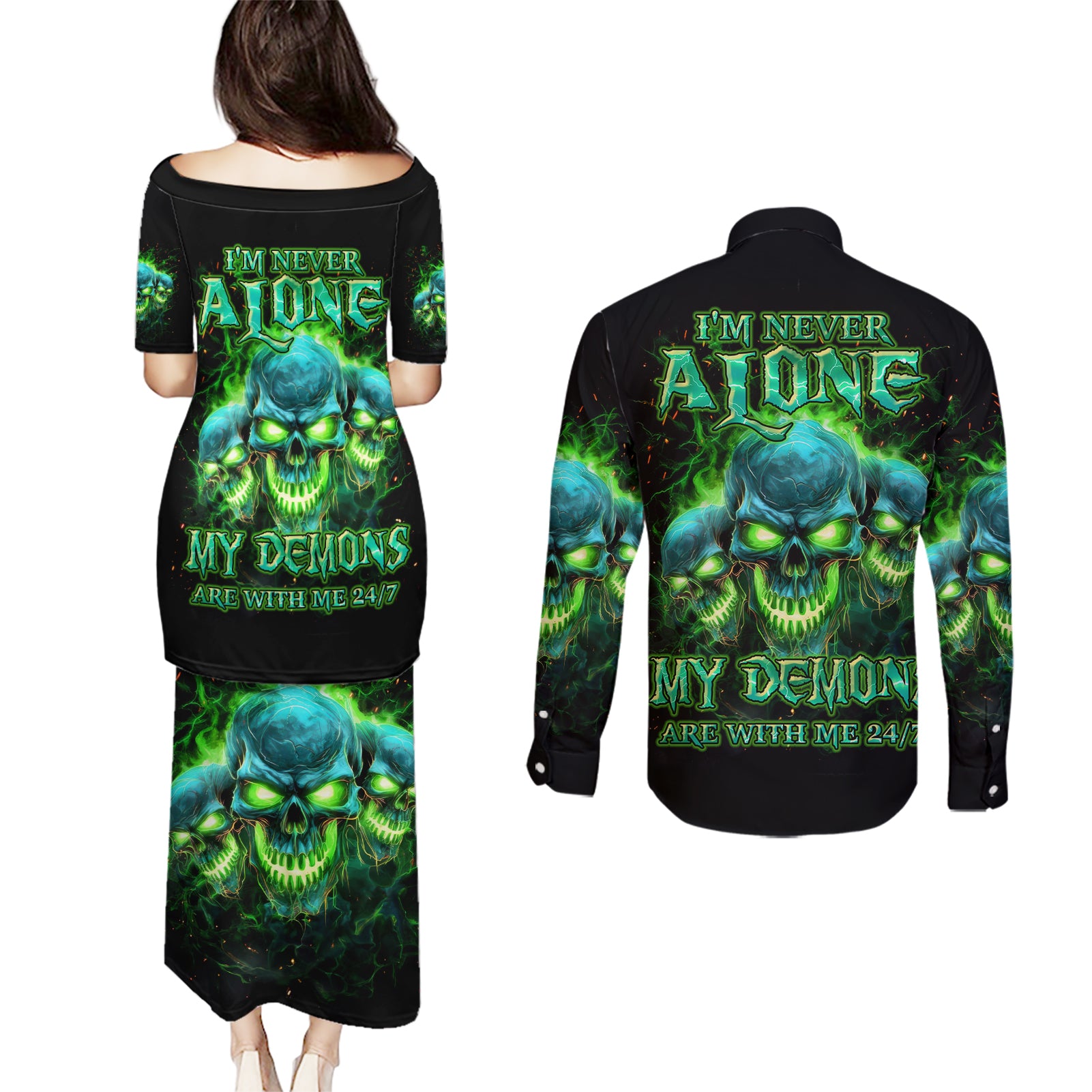 Flame Skull Couples Matching Puletasi and Long Sleeve Button Shirt I'm Never Alone My Demons Are Wit Me 24/7 - Wonder Print Shop