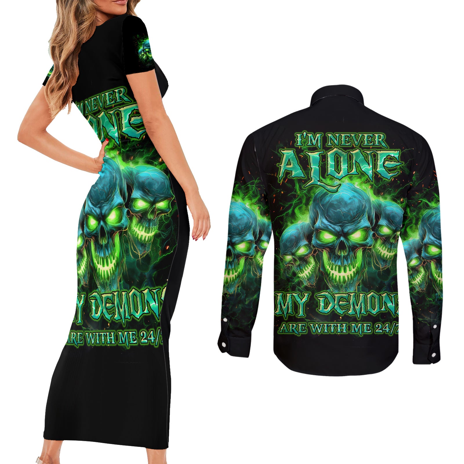 Flame Skull Couples Matching Short Sleeve Bodycon Dress and Long Sleeve Button Shirt I'm Never Alone My Demons Are Wit Me 24/7 - Wonder Print Shop