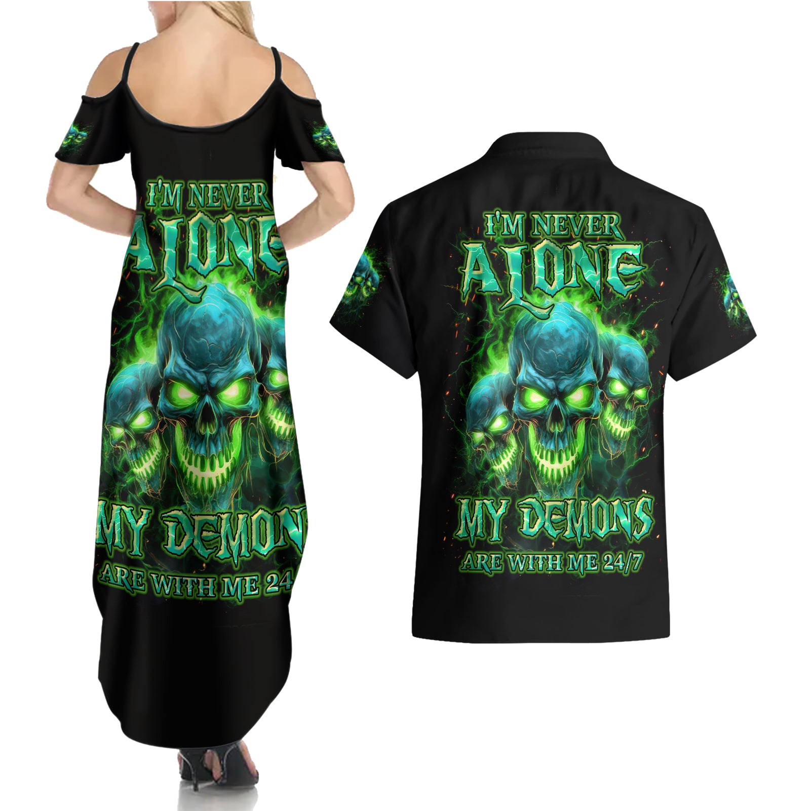 Flame Skull Couples Matching Summer Maxi Dress and Hawaiian Shirt I'm Never Alone My Demons Are Wit Me 24/7 - Wonder Print Shop