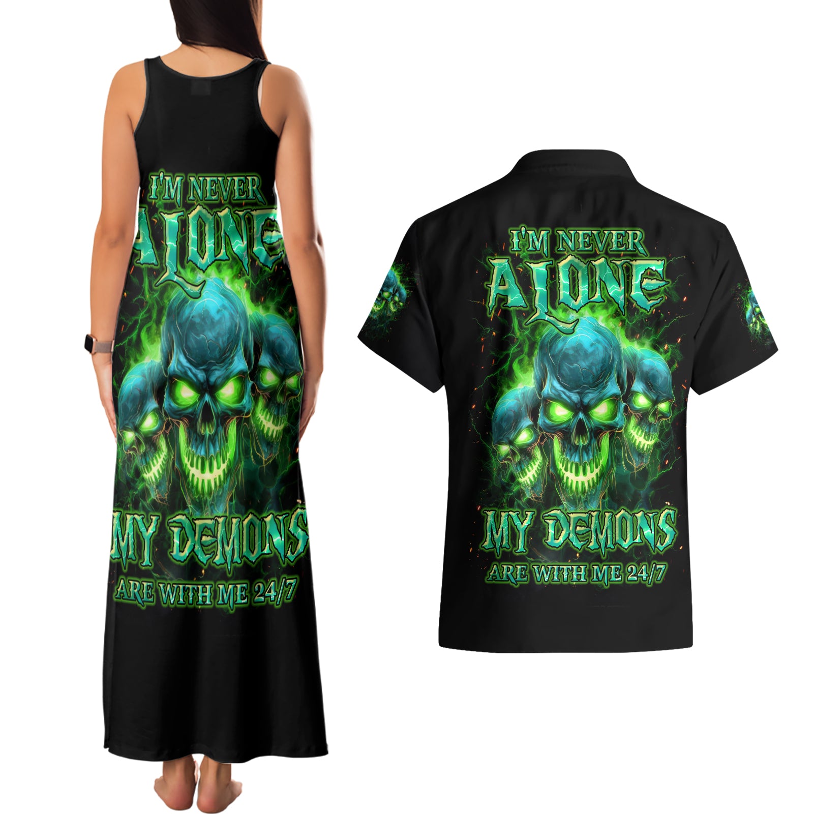 Flame Skull Couples Matching Tank Maxi Dress and Hawaiian Shirt I'm Never Alone My Demons Are Wit Me 24/7 - Wonder Print Shop