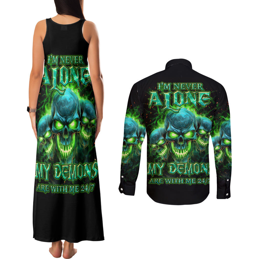 Flame Skull Couples Matching Tank Maxi Dress and Long Sleeve Button Shirt I'm Never Alone My Demons Are Wit Me 24/7 - Wonder Print Shop