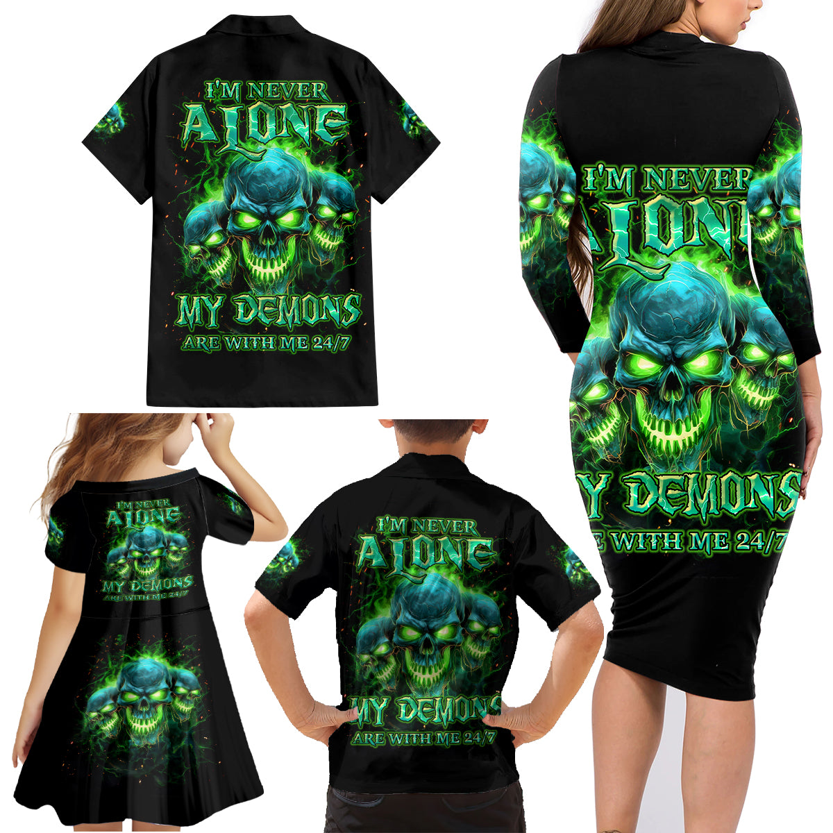 Flame Skull Family Matching Long Sleeve Bodycon Dress and Hawaiian Shirt I'm Never Alone My Demons Are Wit Me 24/7 - Wonder Print Shop