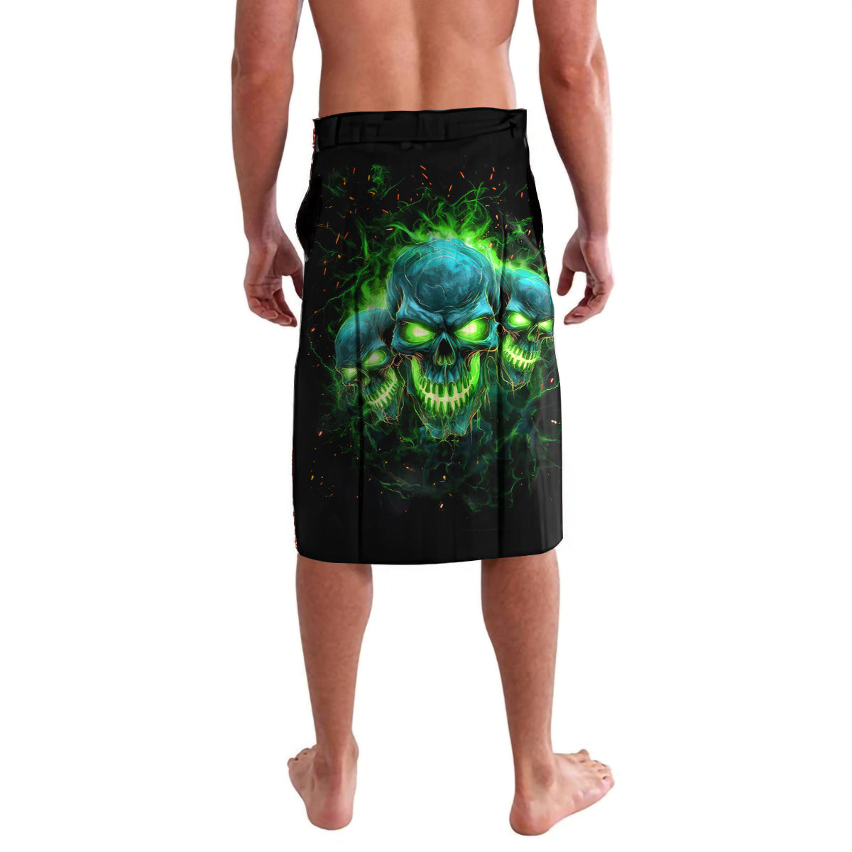 Black lavalava shorts with blue-green flame skull graphic on front