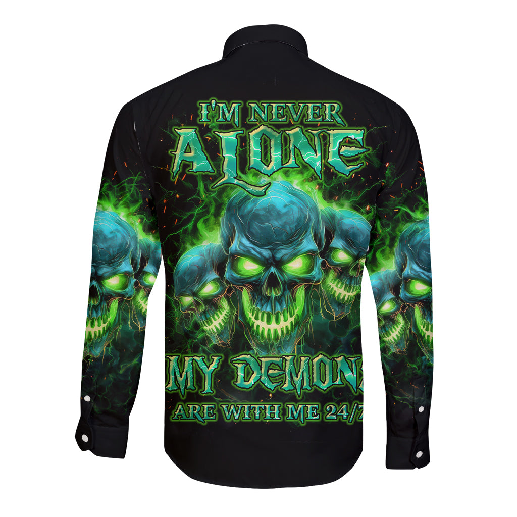 Flame Skull Long Sleeve Button Shirt I'm Never Alone My Demons Are Wit Me 24/7 - Wonder Print Shop