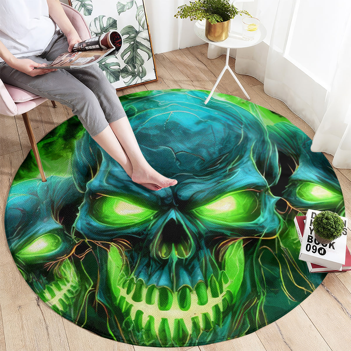 Round skull themed area rug, green flames and glowing eyes design