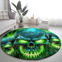 Round blue-green skull area rug with bright green teeth detail