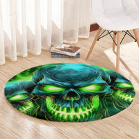 Round skull graphic area rug with green flames and blue face artwork