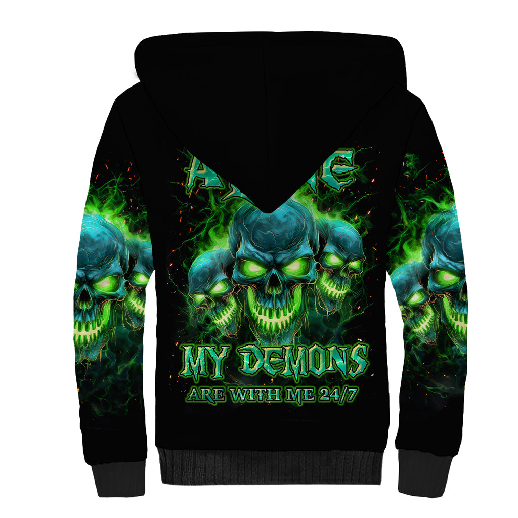 Flame Skull Sherpa Hoodie I'm Never Alone My Demons Are Wit Me 24/7 - Wonder Print Shop