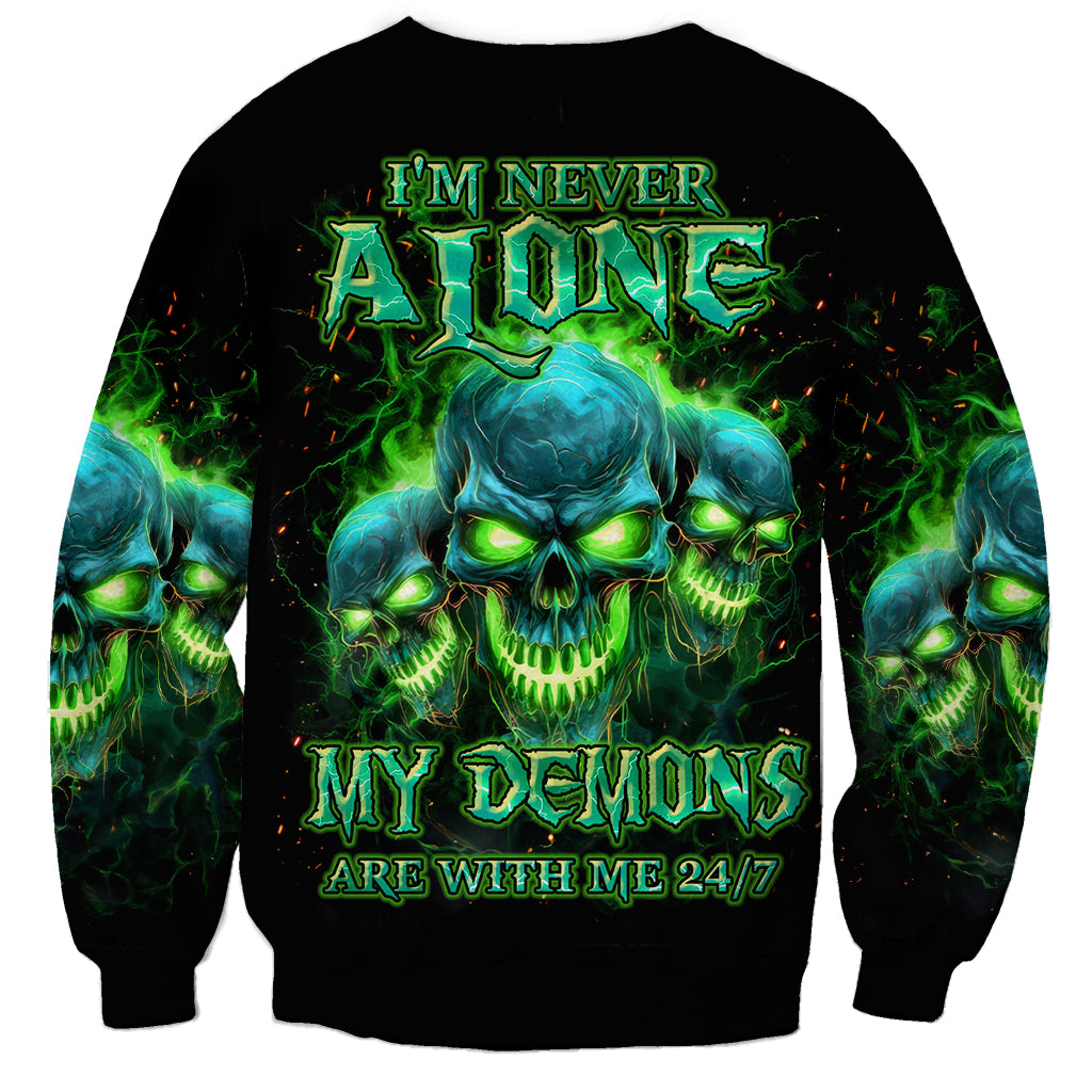 Black unisex crewneck sweatshirt with blue-green flame skull front graphic and text