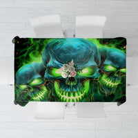 Black tablecloth with green-blue skull graphic and flame accents, rectangular design