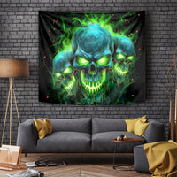 Wall-hung black skull tapestry with bright green glowing skulls