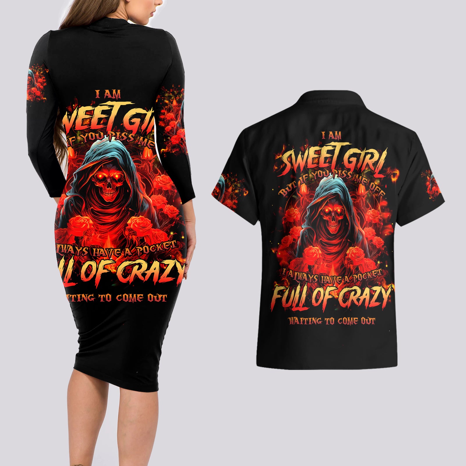 Rose Skull Couples Matching Long Sleeve Bodycon Dress and Hawaiian Shirt Iam Sweet Girl But If You Piss Me Off - Wonder Print Shop