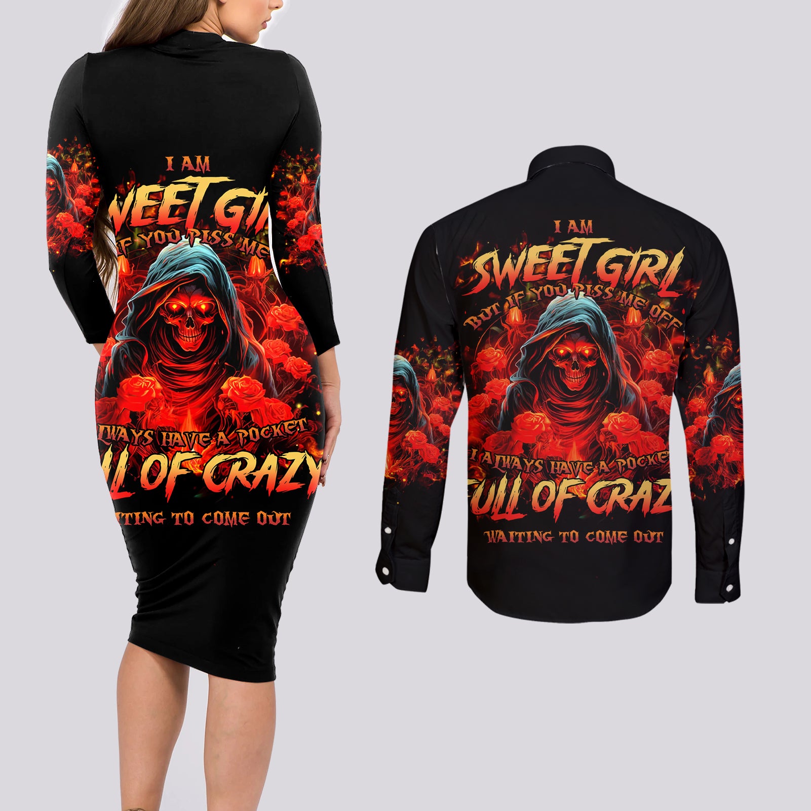 Rose Skull Couples Matching Long Sleeve Bodycon Dress and Long Sleeve Button Shirt Iam Sweet Girl But If You Piss Me Off - Wonder Print Shop