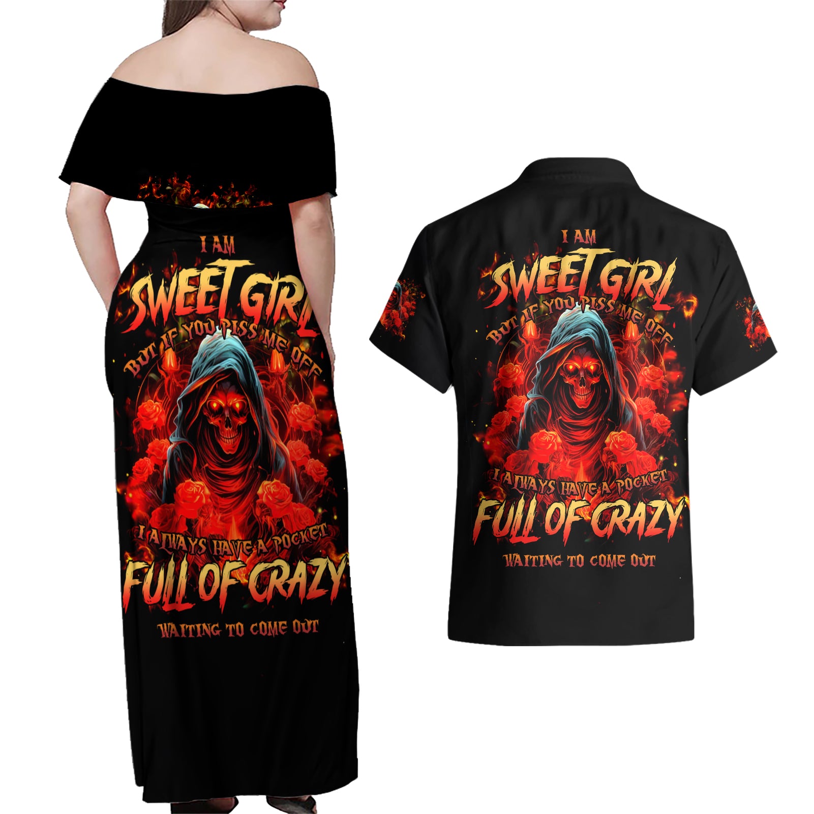 Rose Skull Couples Matching Off Shoulder Maxi Dress and Hawaiian Shirt Iam Sweet Girl But If You Piss Me Off - Wonder Print Shop