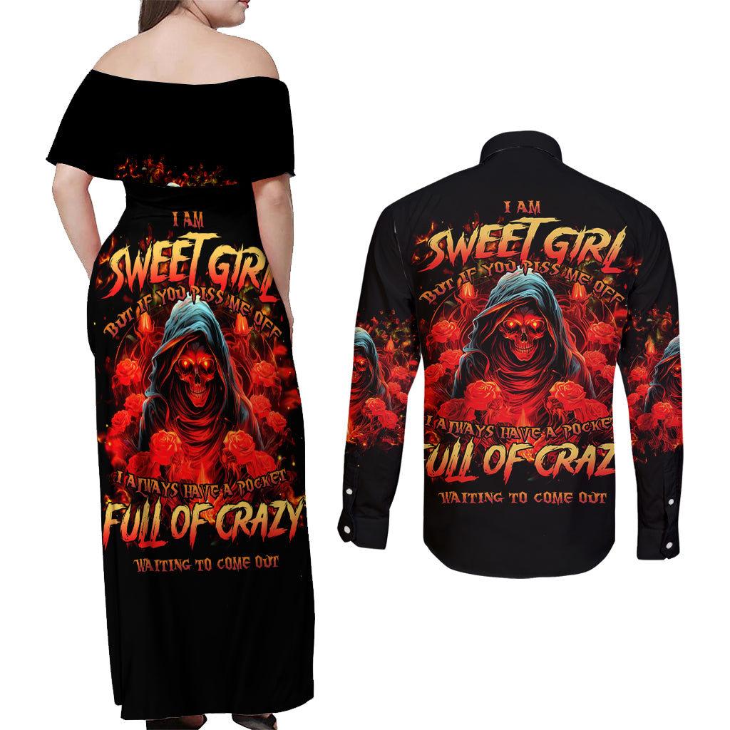 Rose Skull Couples Matching Off Shoulder Maxi Dress and Long Sleeve Button Shirt Iam Sweet Girl But If You Piss Me Off - Wonder Print Shop