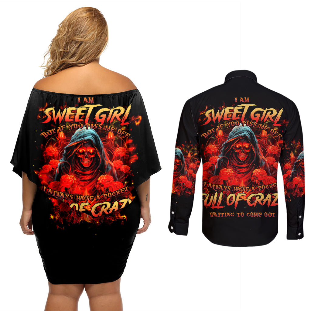 Rose Skull Couples Matching Off Shoulder Short Dress and Long Sleeve Button Shirt Iam Sweet Girl But If You Piss Me Off - Wonder Print Shop