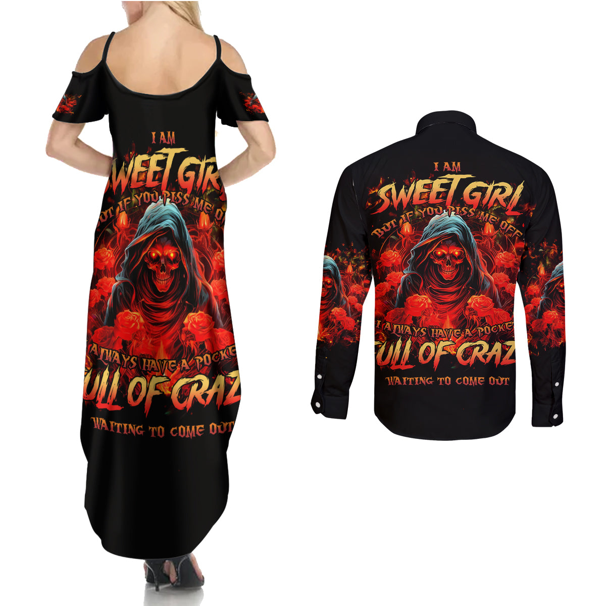 Rose Skull Couples Matching Summer Maxi Dress and Long Sleeve Button Shirt Iam Sweet Girl But If You Piss Me Off - Wonder Print Shop